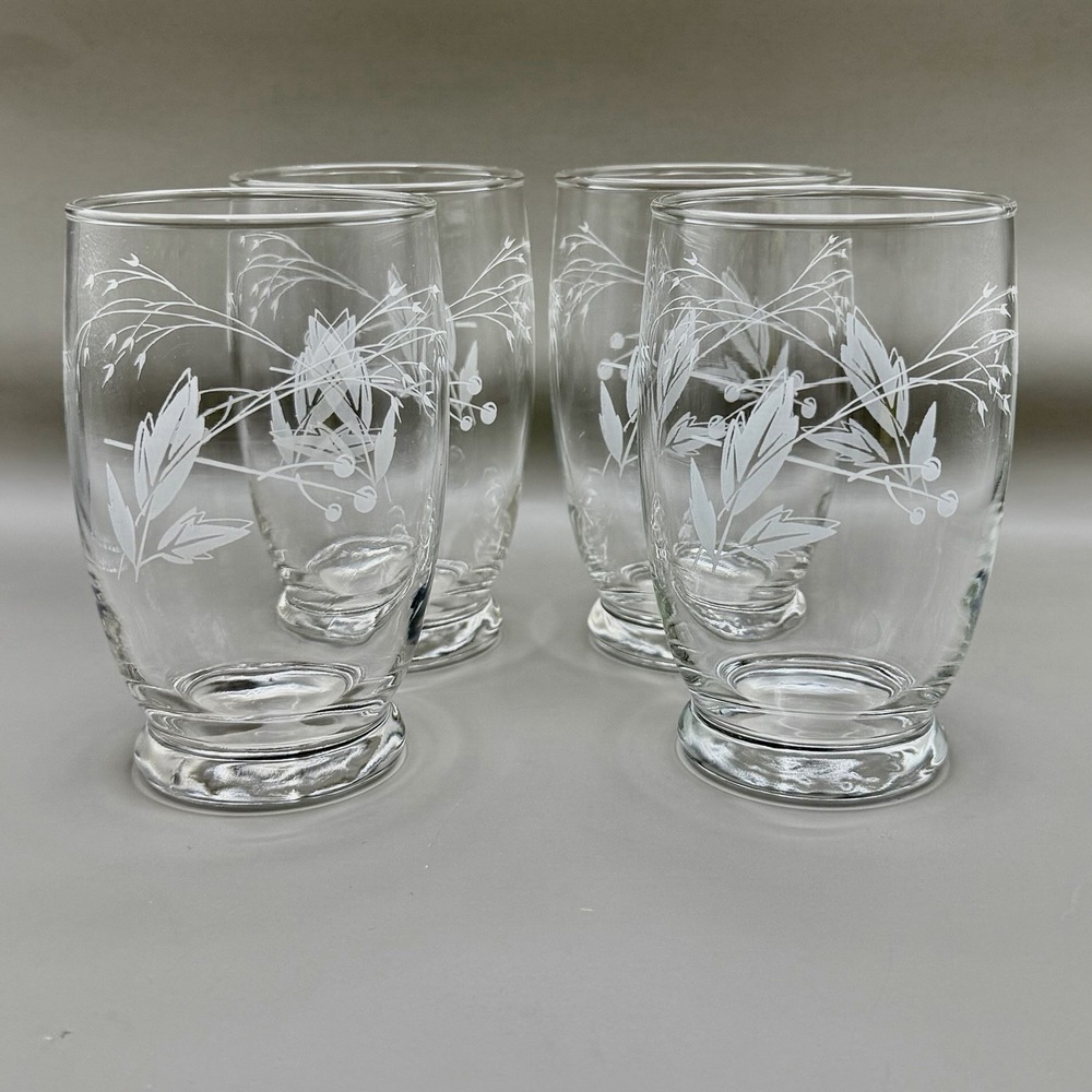 Vintage MCM Frosted White Leaf‎ & Berry Footed Juice Glasses - Set of 4